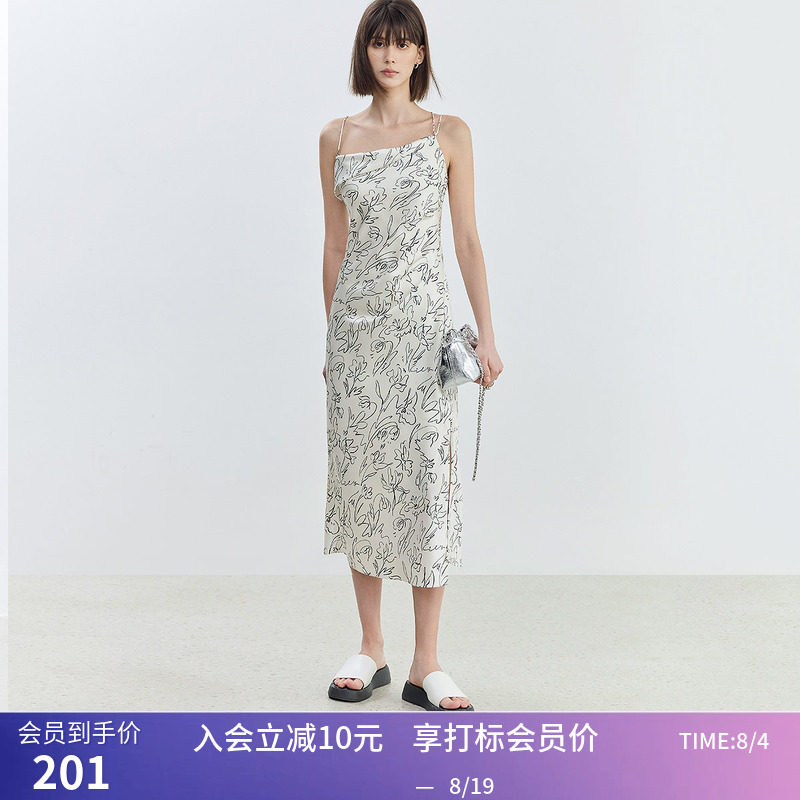 【商场同款】LILY夏新款女装艺术感印花设计感不对称吊带裙女