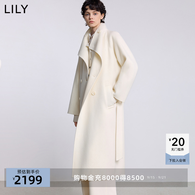 商场同款LILY2025冬新款女装羊毛羊绒羊驼毛混纺白色毛呢大衣外套