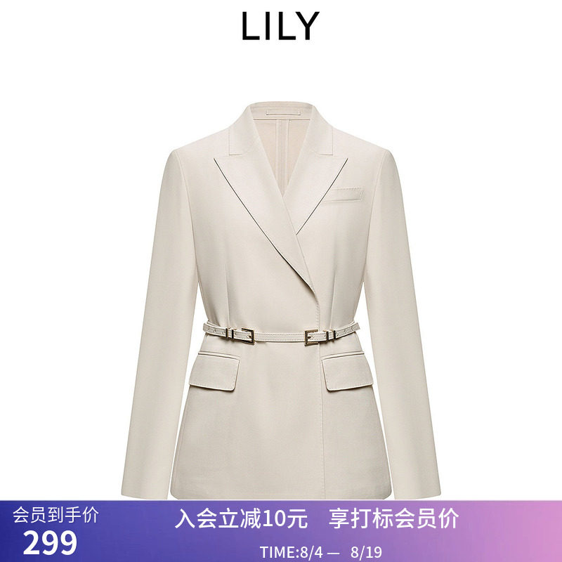 【商场同款】LILY夏简约松弛感休闲腰带收腰米白色西装外套女