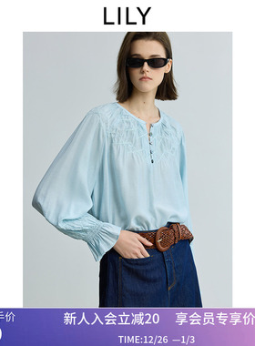 LILY2025秋新款含绵羊毛微光设计感菱格圆领休闲长袖蓝色套头衫女