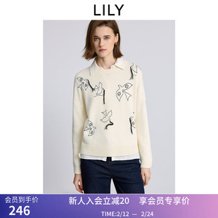 LILY2025冬新款女装设计感幸运鸽刺绣流苏加厚白色针织衫套头毛衣