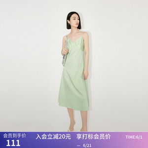 LILY夏新款女装复古简约条纹时尚气质洋气扭结A字吊带连衣裙