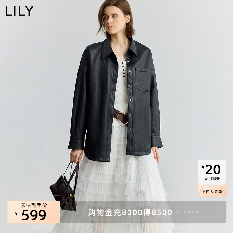 LILY2025秋新款女装复古工装翻领宽松休闲通勤黑色衬衫式夹克外套