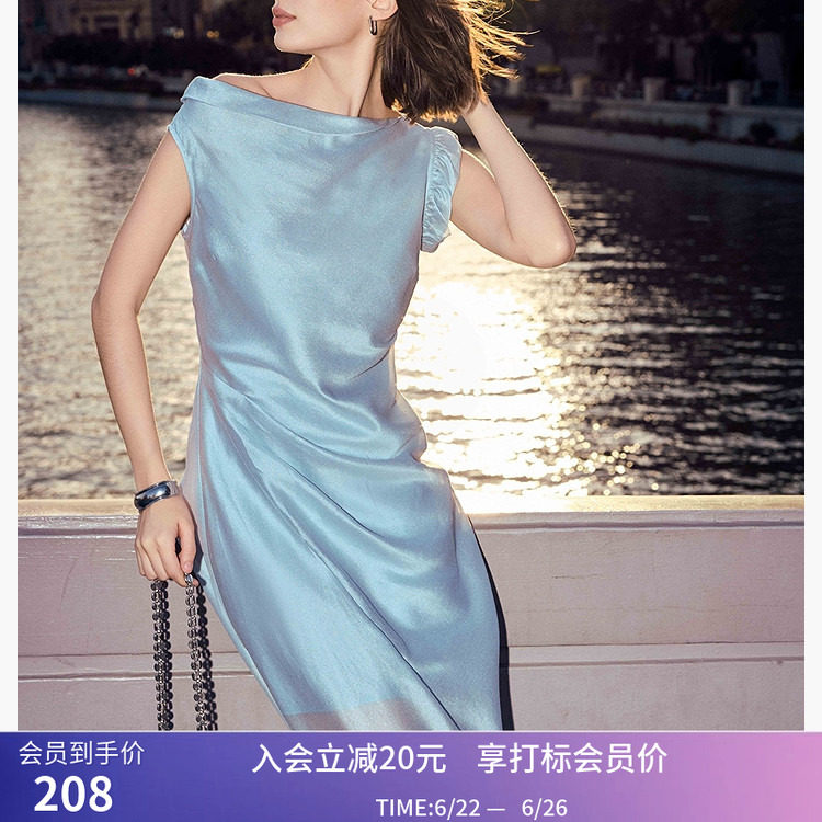 LILY夏季新品醋酸莫代尔微光不对称斜肩设计收腰显瘦连衣裙