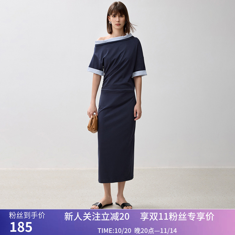 LILY夏新款时尚撞色袖口设计感褶皱收腰显瘦略宽松直筒连衣裙