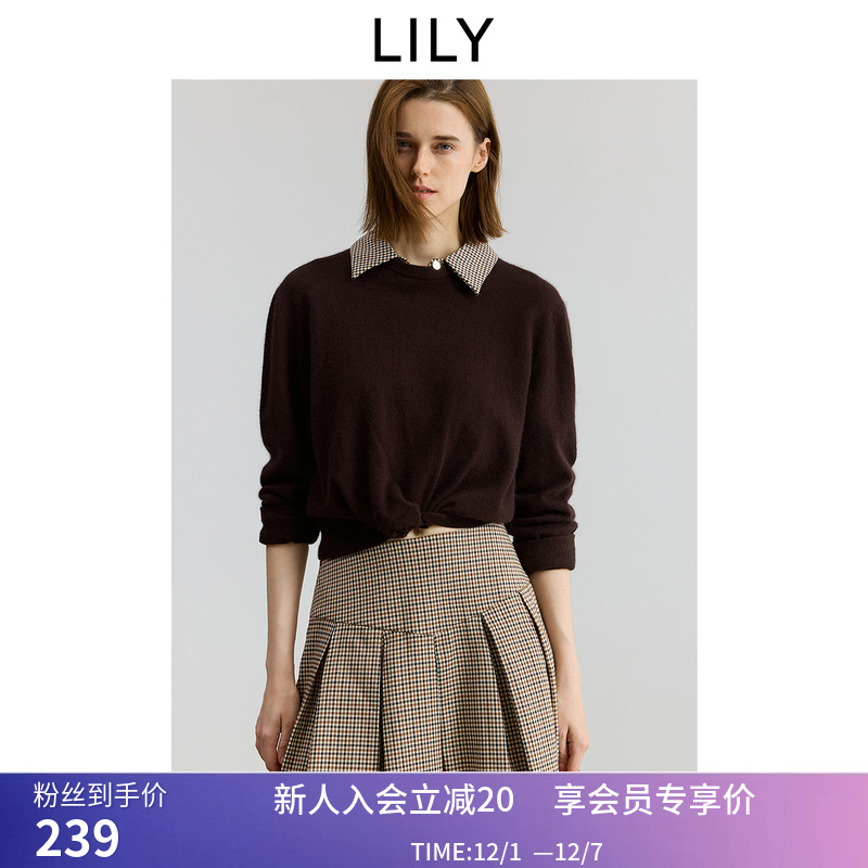 【商场同款】LILY2025秋新款含兔毛羊毛翻领收腰针织衫毛衣女短款