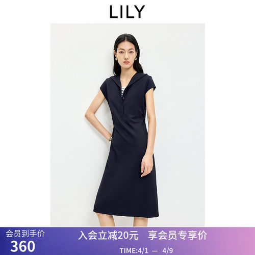 LILY2026夏新款女装含莱赛尔羊毛假两件条纹收腰藏青色短袖连衣裙
