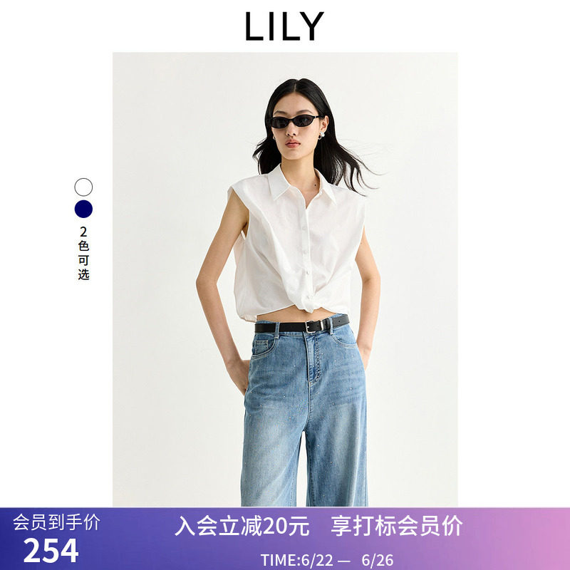 LILY2026夏新款简约翻领宽松休闲通勤纯色无袖坎肩雪纺衫女套头衫