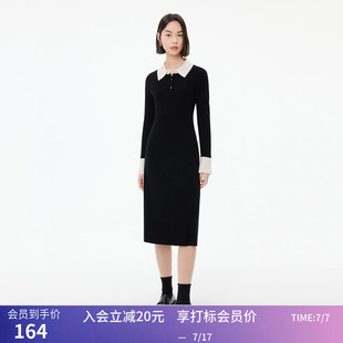 LILY秋新款女装毛别致撞色长款修身针织连衣裙小黑裙女