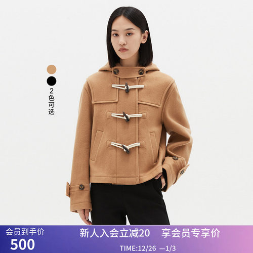 【商场同款】LILY冬新款女装全绵羊毛连帽短款毛呢外套小个子