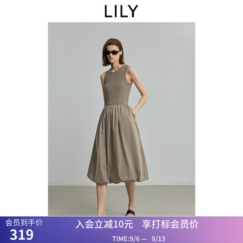 LILY夏新款复古气质休闲百搭通勤无袖圆领收腰背心裙连衣裙女