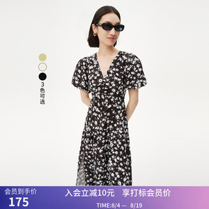 LILY夏新款女装优雅浪漫印花慵懒泡泡袖气质时尚V领连衣裙女