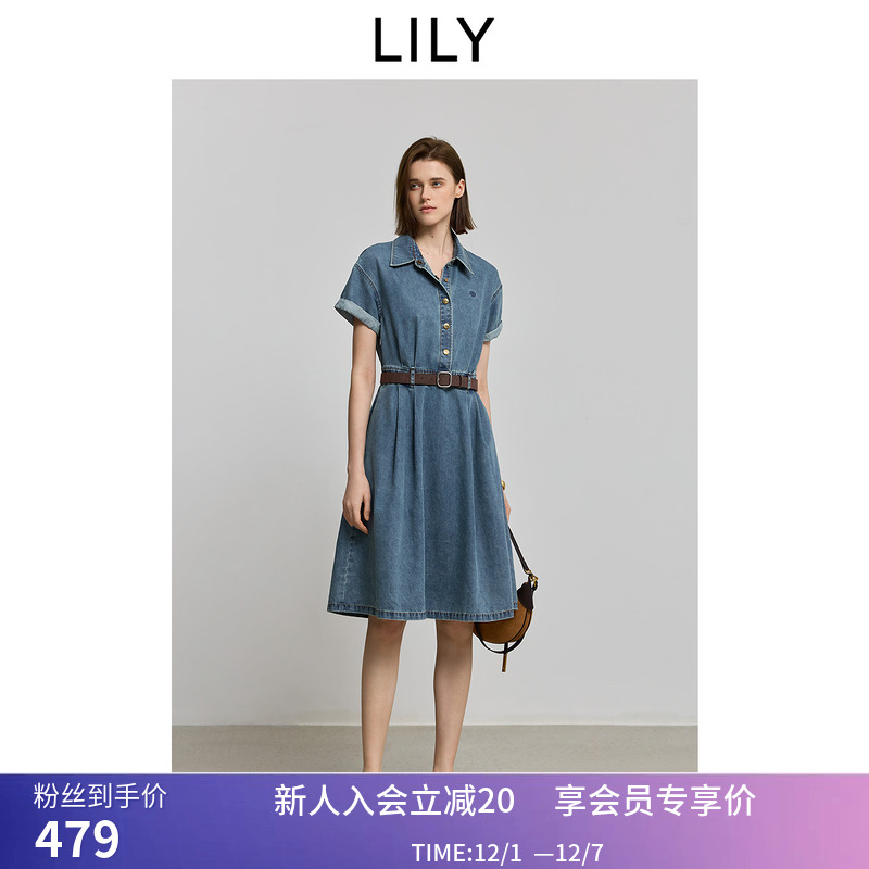 LILY2025夏新款女装全棉复古衬衫收腰休闲气质通勤短袖牛仔连衣裙