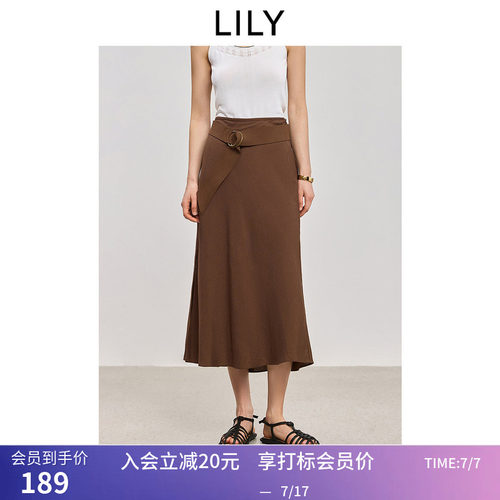 【商场同款】LILY夏新款复古斜裁开叉休闲棕色半身裙女