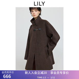 LILY2025冬新款女装复古立领翻领休闲通勤双面呢100%羊毛毛呢外套