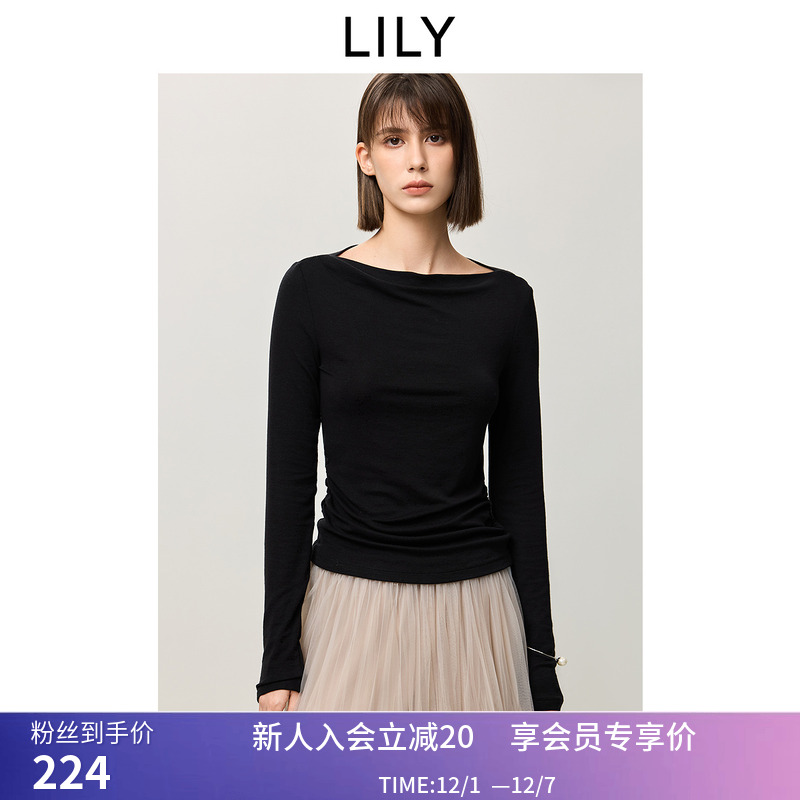 【商场同款】LILY2025春新款莱赛尔绵羊毛混纺一字肩修身黑色T恤