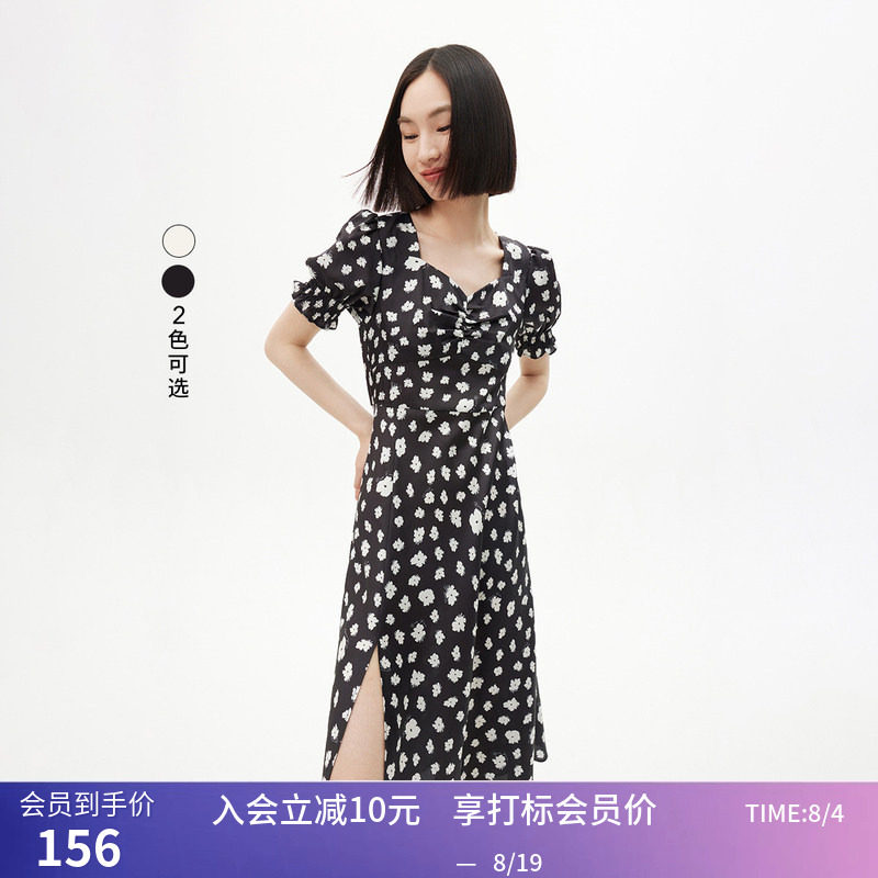 LILY夏新款女装浪漫印花法式优雅方领慵懒泡泡袖高腰连衣裙女