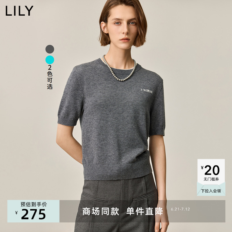 【商场同款】LILY2024秋新款羊毛混纺学院风圆领短袖针织衫女短款