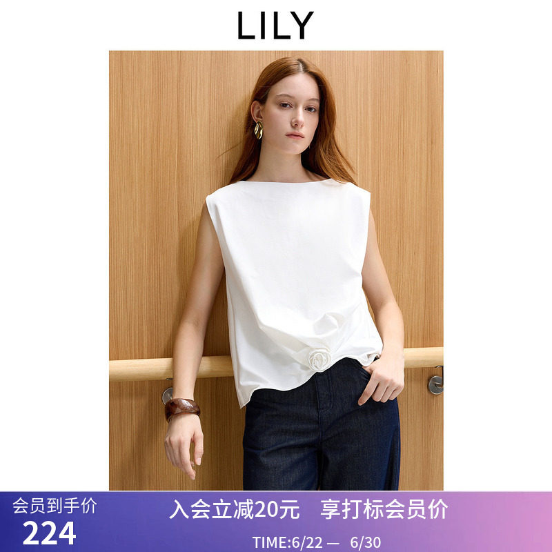 LILY2026夏新款女装含莱赛尔法式一字领花朵收腰气质通勤白色T恤
