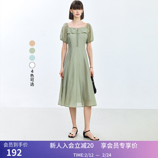 LILY夏新款女装浪漫通勤款复古气质方领泡泡袖长款收腰连衣裙