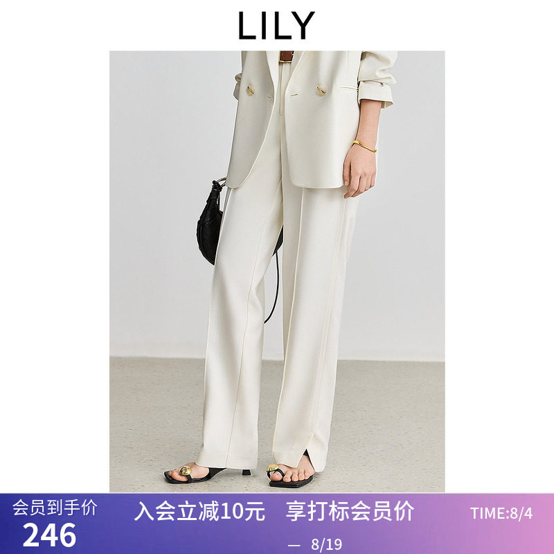 LILY春新款女装设计感开叉休闲百搭职业通勤直筒裤米色西装裤