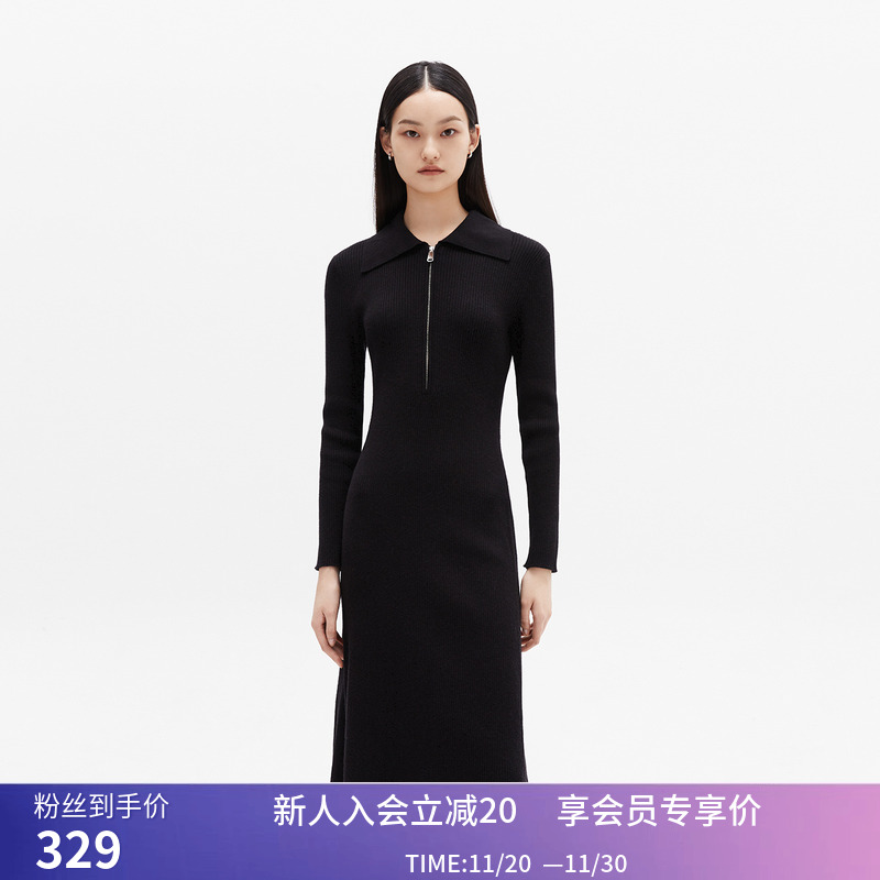 【商场同款】LILY冬新款女装气质复古POLO针织连衣裙小黑裙女