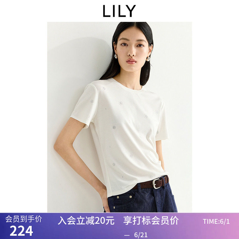 LILY2026夏新款女装莱赛尔羊毛混纺圆领正肩烫钻通勤白色短袖T恤