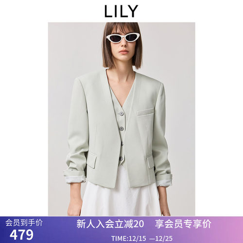【商场同款】LILY2025春新款女装简约休闲减龄无领绿色西装外套