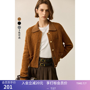 LILY冬新款女装极简风翻领修身百搭通勤针织开衫女款毛衣短款