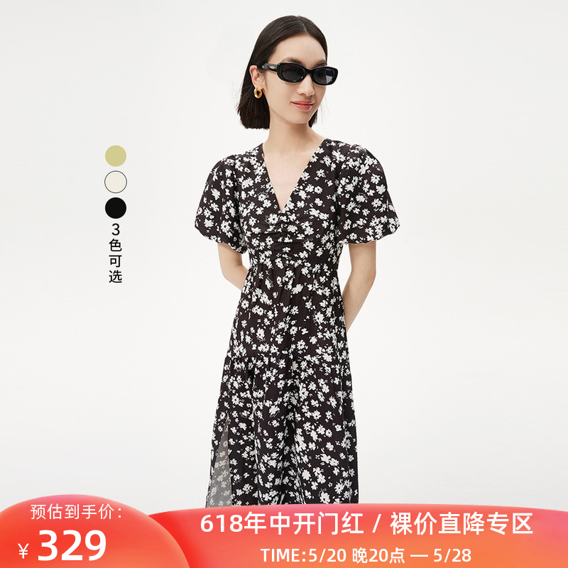 LILY2023夏新款女装优雅浪漫印花慵懒泡泡袖气质时尚V领连衣裙女