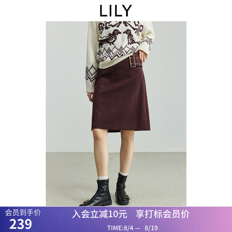 【商场同款】LILY秋新款女装复古高腰通勤深色直筒半身裙短裙