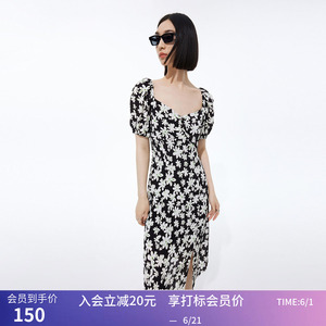 LILY夏新款女装优雅复古方领艺术印花气质通勤显瘦高腰连衣裙