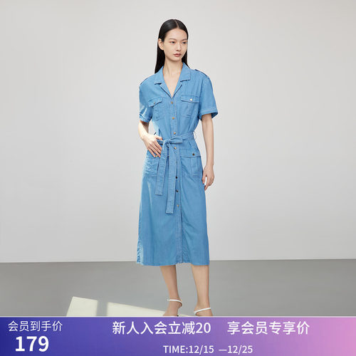 秒杀【商场同款】LILY夏新款女装复古休闲别致排扣短袖牛仔连衣裙