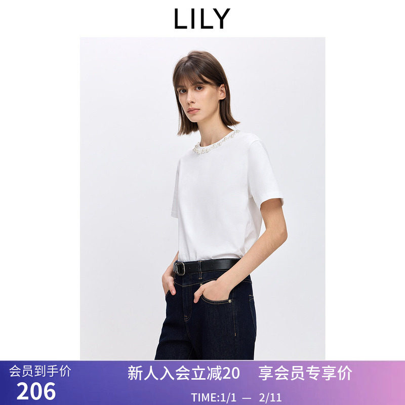 LILY2026春新款女装纯棉简约钉珠圆领休闲米白色短袖T恤内搭上衣,女装/女士精品,T恤,淘宝优惠券,粉丝福利购,淘宝优惠卷