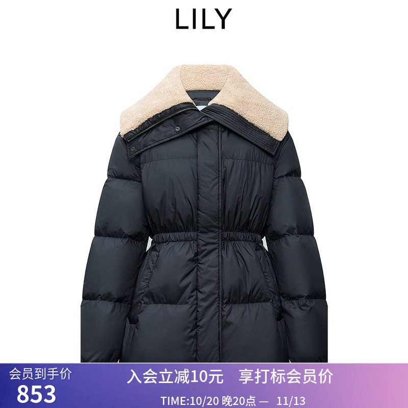 LILY冬新款女装复古撞色大毛领收腰90鸭绒通勤黑色羽绒服外套