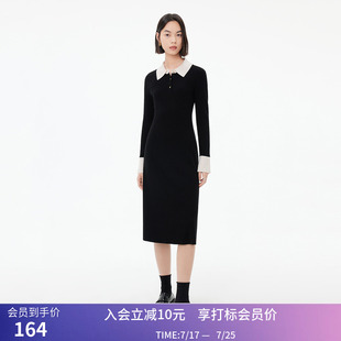 LILY秋新款女装毛别致撞色长款修身针织连衣裙小黑裙女