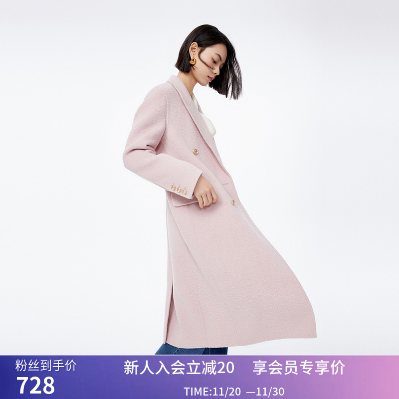 LILY冬新款女装绵羊毛复古双排扣气质通勤长款毛呢外套大衣女