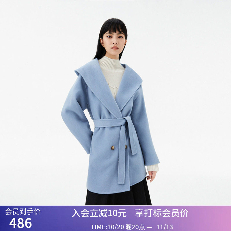 【商场同款】LILY冬新款女装多巴胺穿搭全绵羊毛连帽毛呢外套