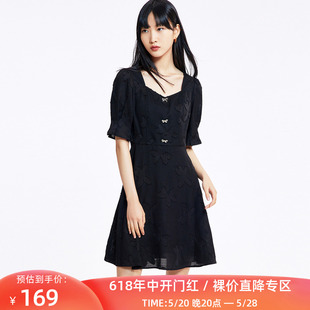 LILY夏新款 方领俏皮蝴蝶结气质高腰连衣裙小黑裙 浪漫法式 女装