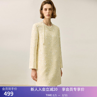 LILY冬新款女装轻奢小香风重工满版珠片绣花小A字圆领连衣裙