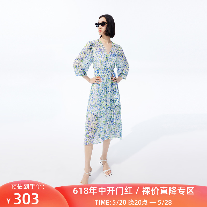 LILY2023夏新款女装浪漫印花复古泡泡袖气质通勤高腰七分袖连衣裙