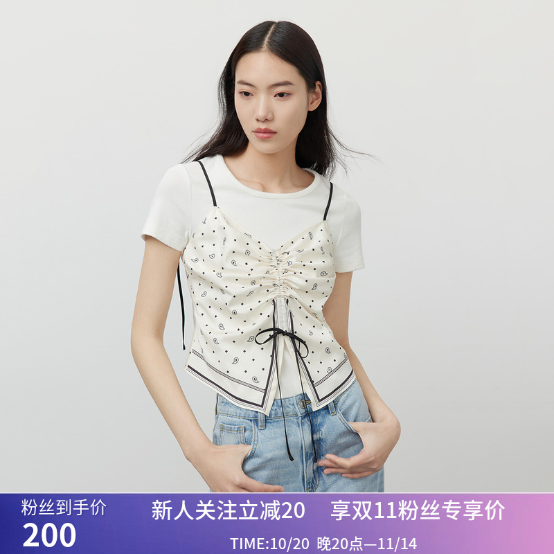 秒杀【商场同款】LILY夏新款女装别致印花两件套T恤吊带背心上衣