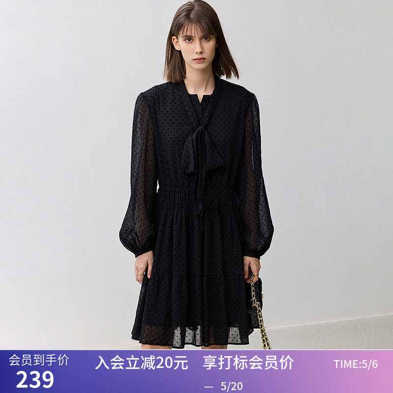 【商场同款】LILY秋新款复古波点飘带垂感收腰连衣裙女小黑裙