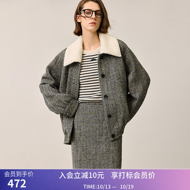 LILY冬新款女装绵羊毛格雷系彩点人字纹肌理拼接毛领毛呢外套