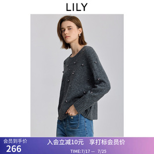 LILY冬新款女装格雷系钉珠加厚灰色针织衫套头圆领毛衣