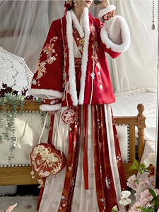 宋制汉服女红色冬款新年服短袄加绒加厚交领齐腰褶裙保暖刺绣套装