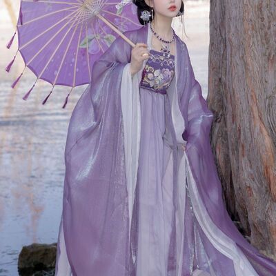 唐制汉服女紫色大袖衫重工刺绣