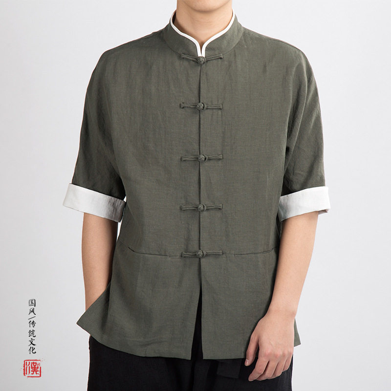新中式男装上衣夏新款中医养生针灸棉麻唐装禅意盘扣茶服短袖衬衫