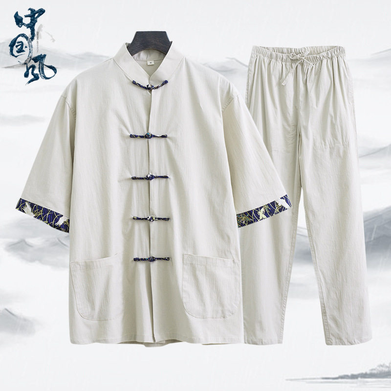 新中式男装夏季薄款短袖套装盘扣休闲复古风茶服禅意改良唐装汉服