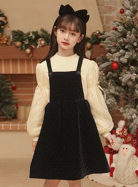 82525女童黑白连衣裙女孩冬款加绒裙子中大童公主裙背心裙